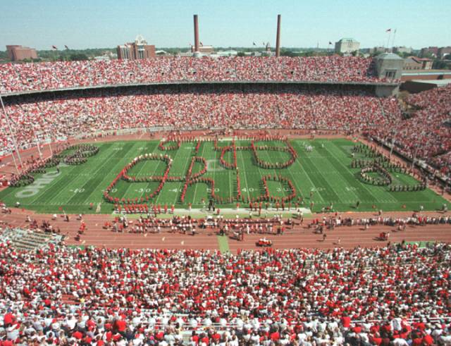 OSU47 98-642-32Ohio Stadium, OSU Marching Band, OSU Alumni Marching  Band, quad Script Ohio9-12-98Kevin Fitzsimons photo